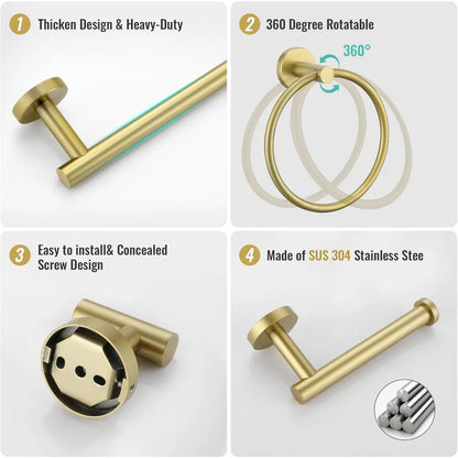 6 Pcs Bathroom Hardware Brushed Gold Towel Bar Set