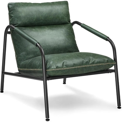 Metal frame armchair, synthetic leather with stitching, medieval modern