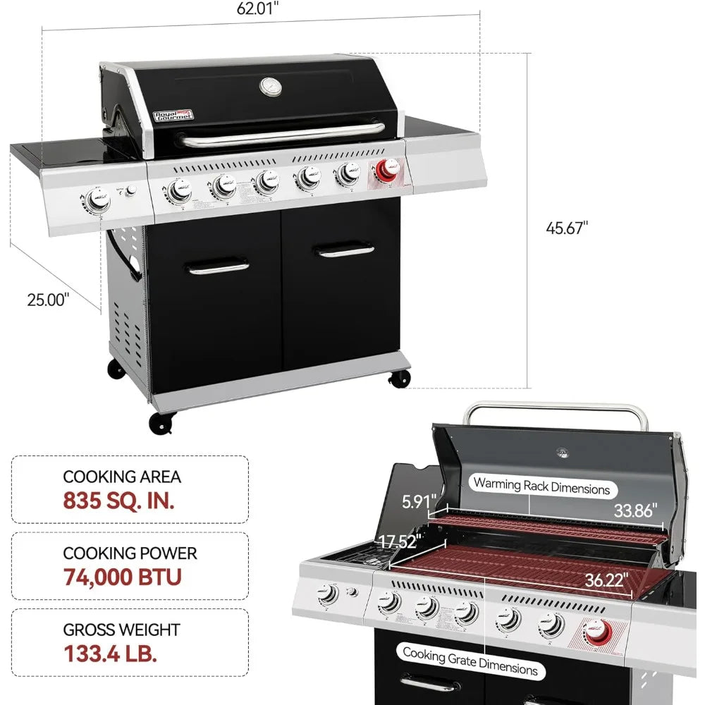 Royal Gourmet GA6402H 6-Burner Propane Gas Grill with Sear Burner and Side Burner,