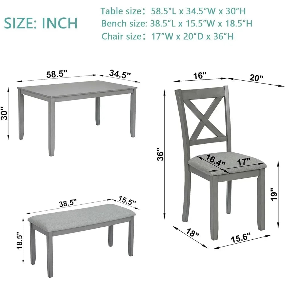 Solid Wood Dining Table Set for 6, with 4 Upholstered Chairs and 1 Bench