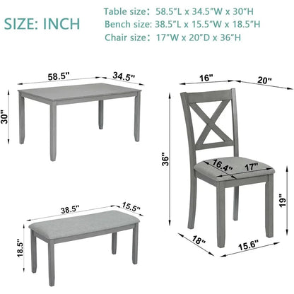 Solid Wood Dining Table Set for 6, with 4 Upholstered Chairs and 1 Bench