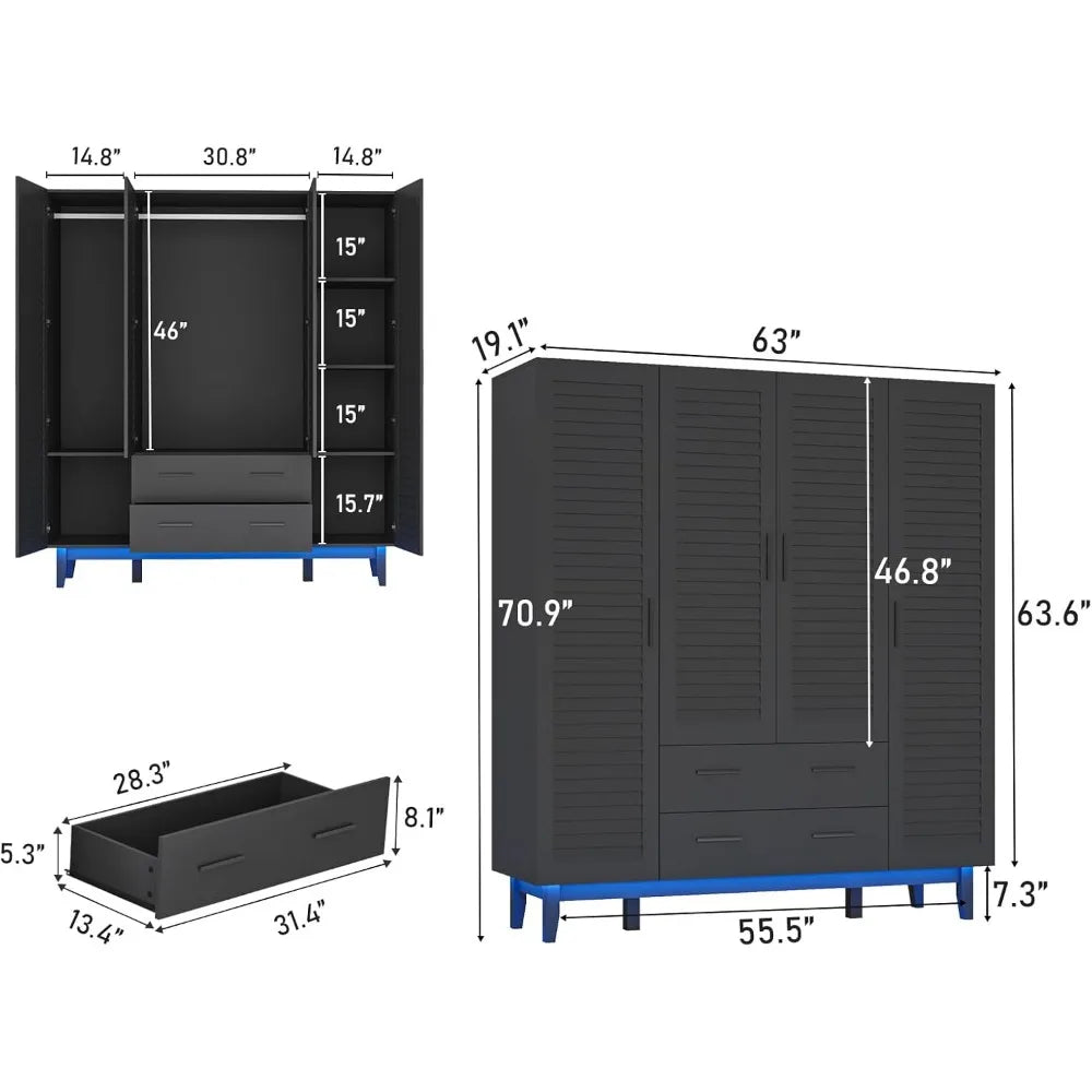 3 Door Armoire Wardrobe Closet Cabinet with Drawers and LED Lights,