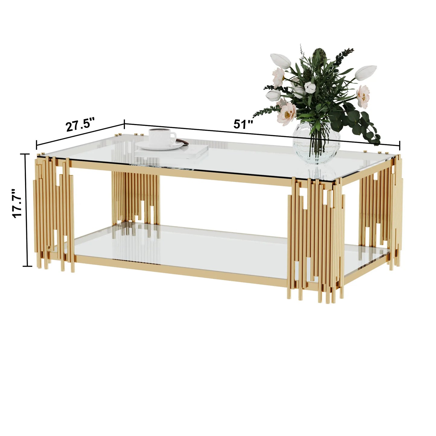 Stainless Steel Rectangle Glass Coffee Table for Living Room 51.18"