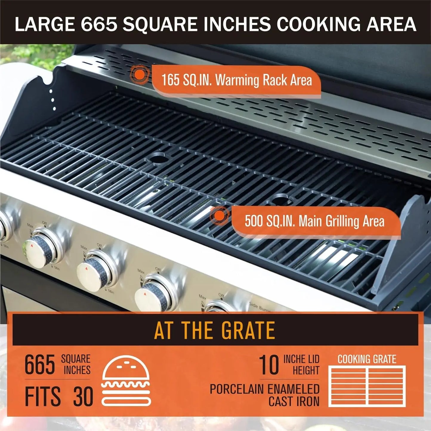 6-Burner Propane Gas BBQ Grill with Side Burner & Porcelain-Enameled Cast Iron Grates