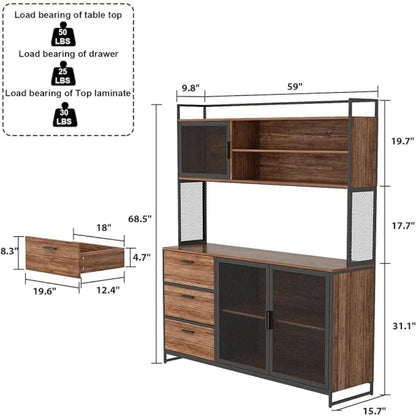 Cabinet with Hutch, 3 Metal Mesh Doors, 3 Drawers & Shelves