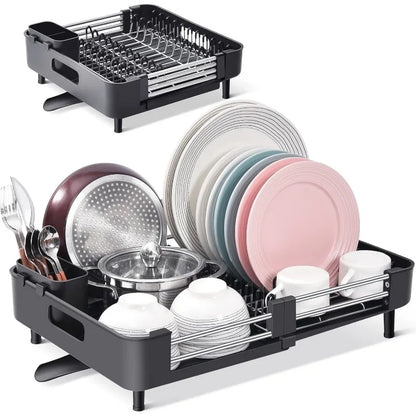 Extendable Dish Rack, Dual Part Dish Drainers with Non-Scratch and Movable Cutlery Drainer