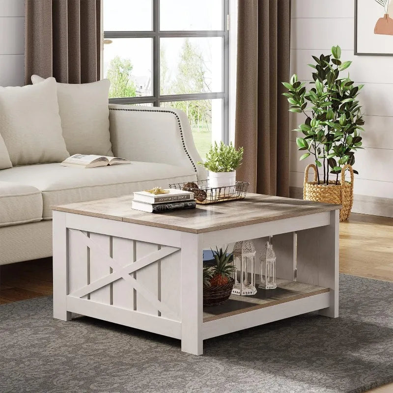 Farmhouse Coffee Table with Storage Rustic Wood Cocktail Table,