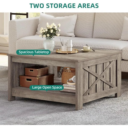 Farmhouse Coffee Table with Storage Rustic Wood Cocktail Table,