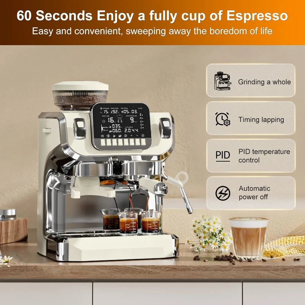 Espresso Machine with Milk Frother，Semi Automatic Coffee Machine with Grinder,Easy