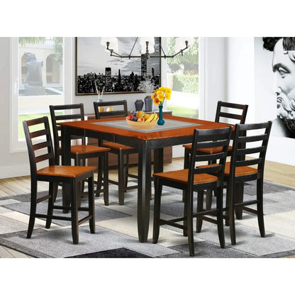 7 Piece Kitchen Counter Height Set Consist of a Square Pub Table with Pedestal and 6 Dining Room Chairs