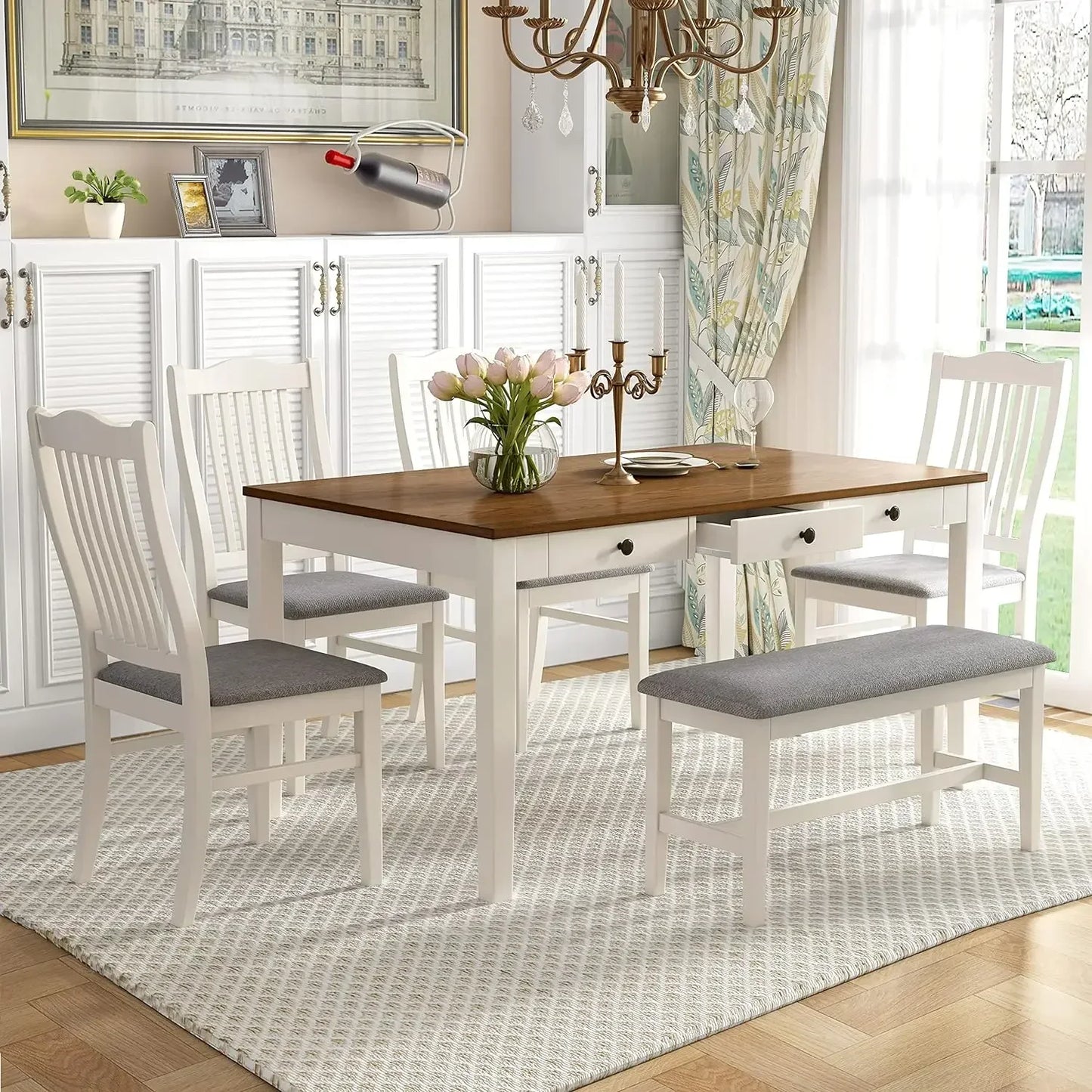 Solid Wood Dining Table Set for 6, with 4 Upholstered Chairs and 1 Bench