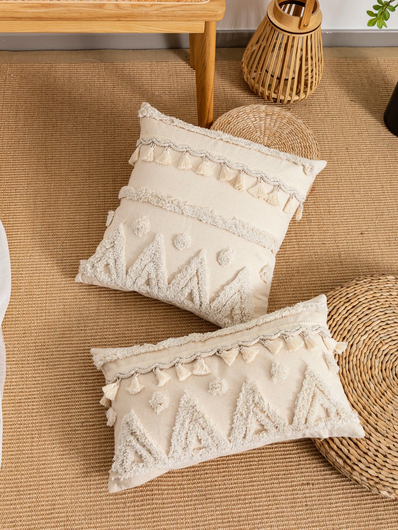 A beige triangular dot tassel pillow cover with European and American style tufting