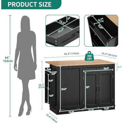 50 Inch Rolling Kitchen Island with Trash Can Storage & Drop Leaf,