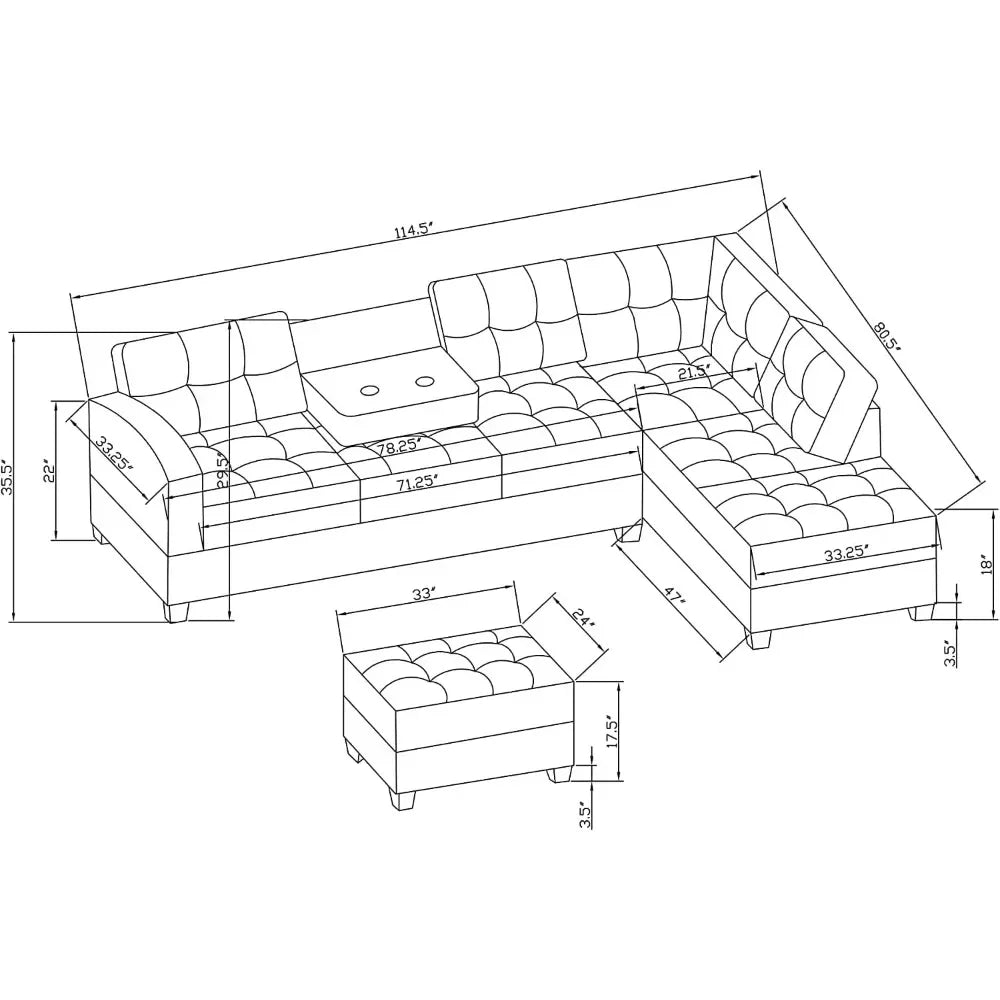 Living Room Sofa Set , L Shape Modular Storage Ottoman & Chaise, Comfy with Corner Sofa Cup Holder