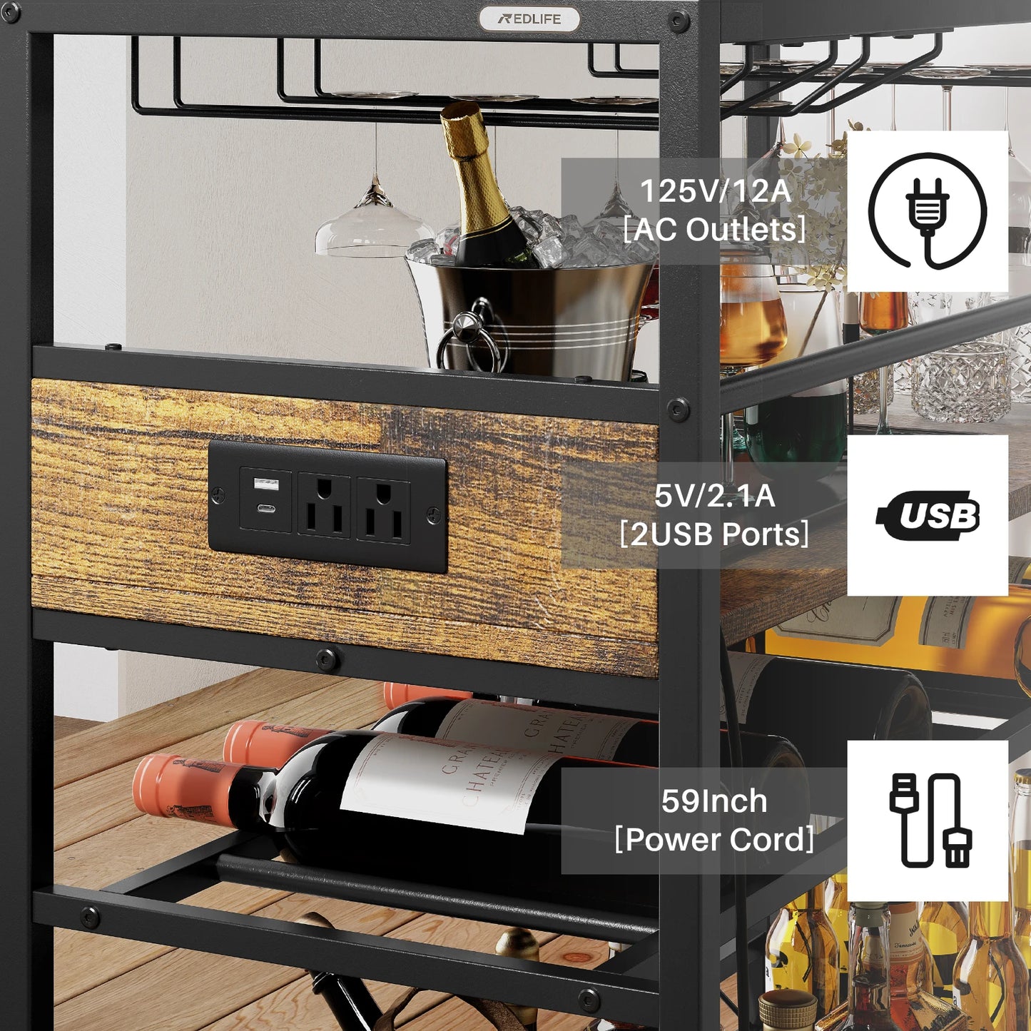 Home Bar Cart /Kitchen Organizer cart with Wine Rack and Glass Holders