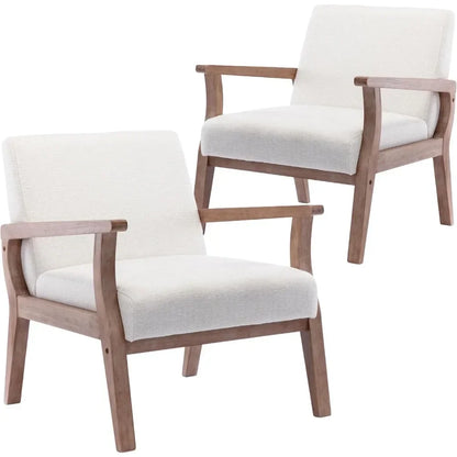 Living Room Chairs Set of 2, Linen Upholstered  Chair with Natural Wood Frame, Comfortable Farmhouse Accent Chair