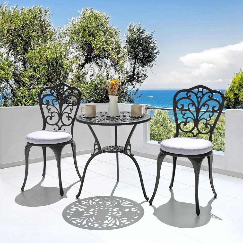 3 Piece Outdoor Bistro Table Set,with Umbrella Hole and Grey Cushions