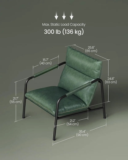 Metal frame armchair, synthetic leather with stitching, medieval modern