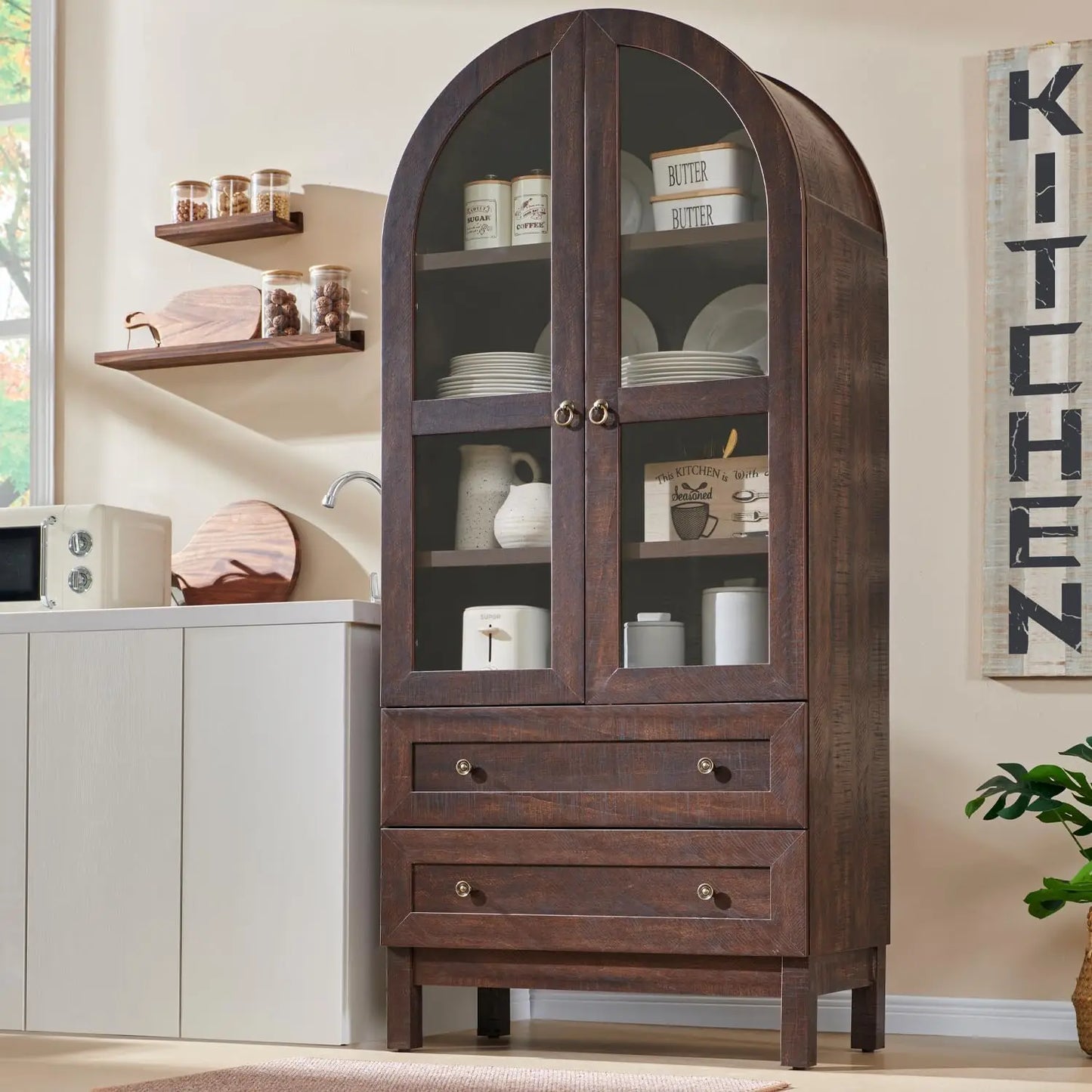 Arched Kitchen Pantry Cabinet and Adjustable Shelves, Modern Farmhouse