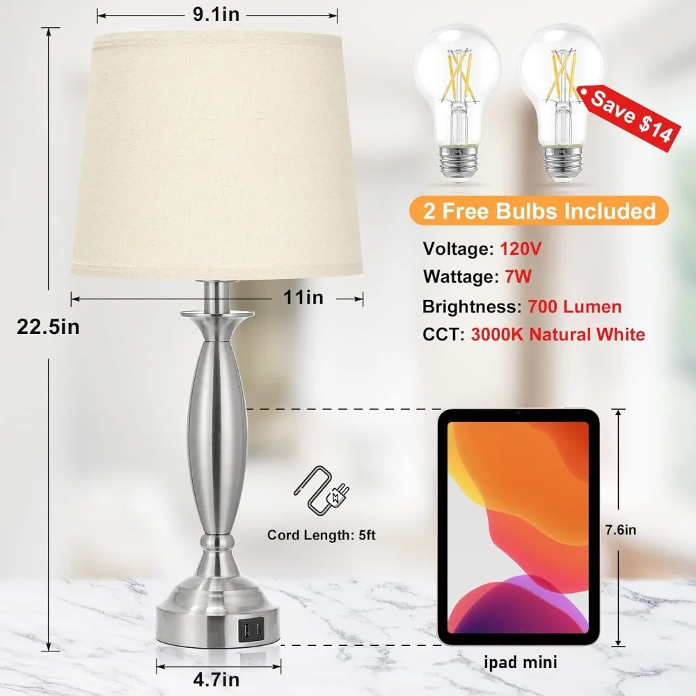 Bedrooms Touch Control Lamp with USB C+A, 3 Way Dimmable  with USB Port, Brushed Nickel