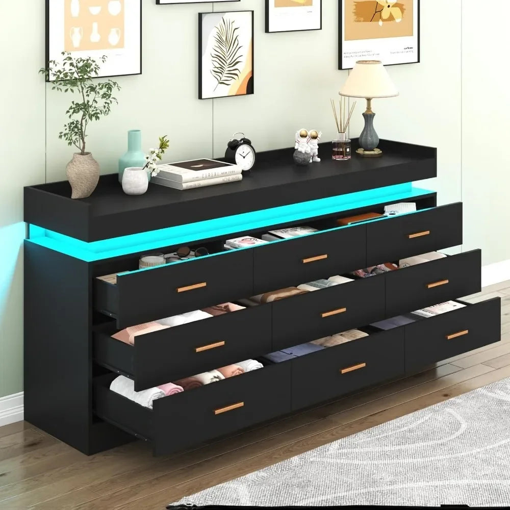 Modern Dresser 9 Drawer with LED Light and,Wide Drawer