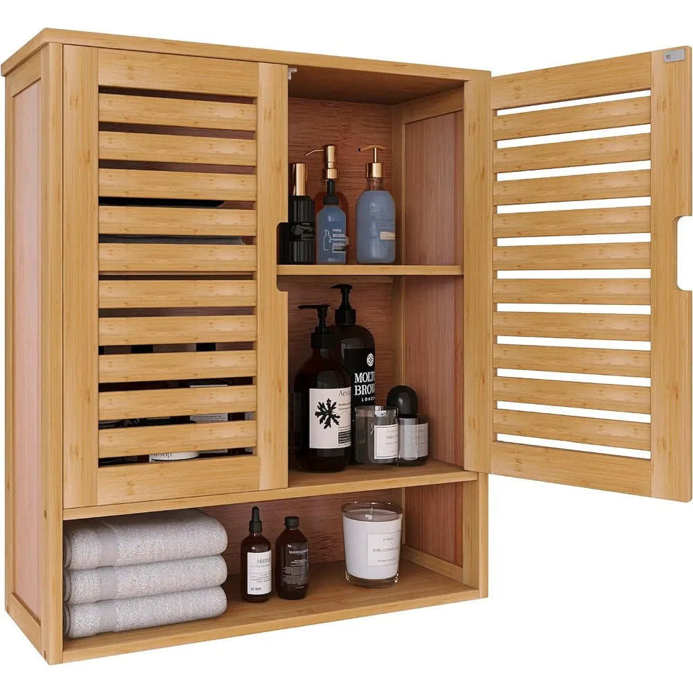 Bamboo Bathroom Cabinet Wall Mounted, Space Saver with Adjustable Shelves,