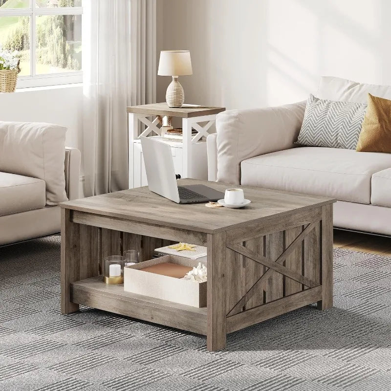 Farmhouse Coffee Table with Storage Rustic Wood Cocktail Table,