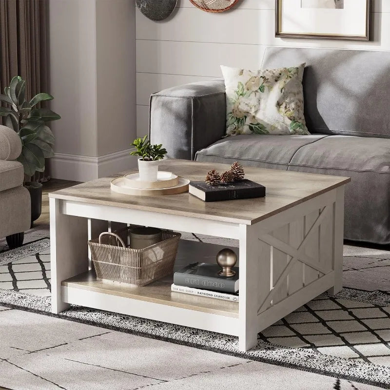 Farmhouse Coffee Table with Storage Rustic Wood Cocktail Table,