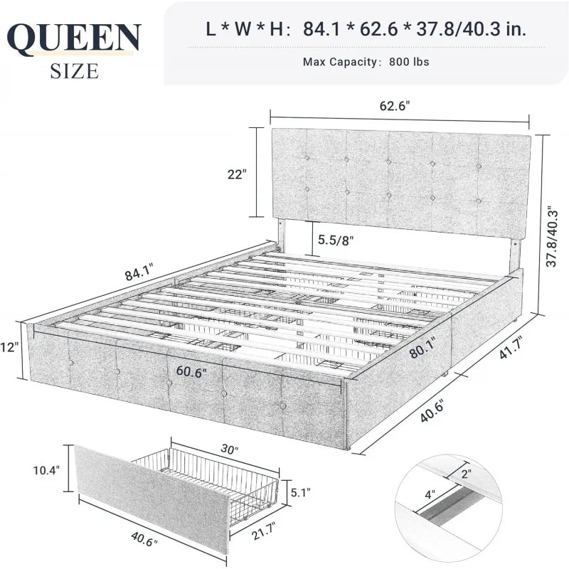 Upholstered Queen Size Platform Bed Frame With 4 Storage