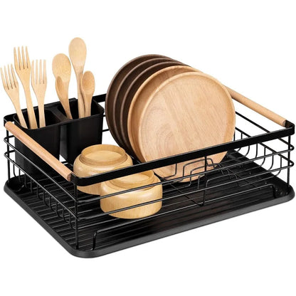 Dish Rack with Beechwood Handles - Metal Dish Drying Rack