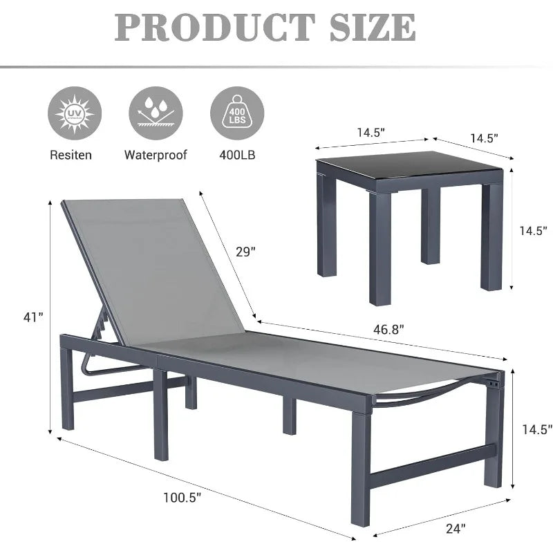 Adjustable Lounge Poolside Lay Flat Sunbathing Backrest with Table for Patio