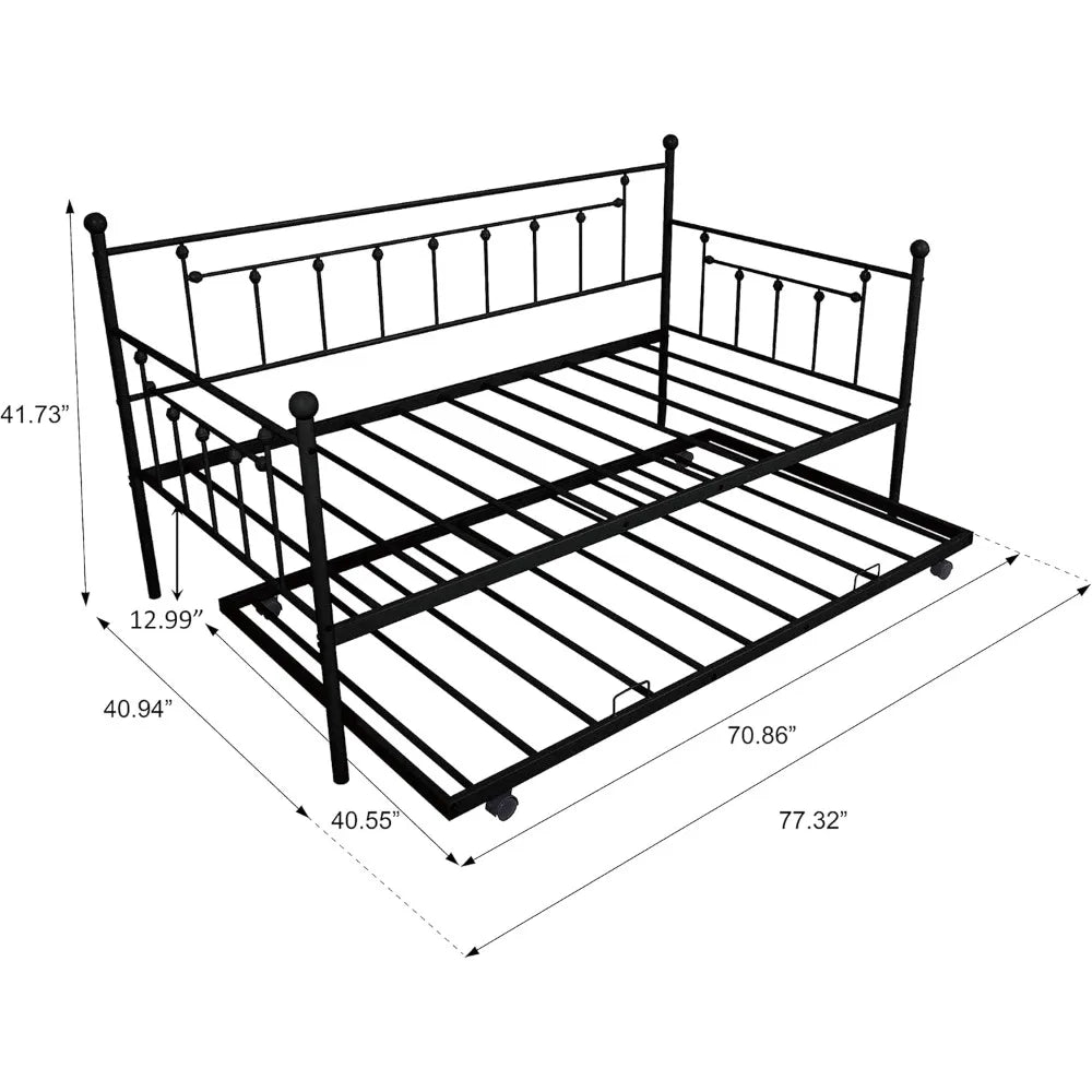 Metal Guest Bed Heavy Duty Twin Size Daybed with Pull out Trundle