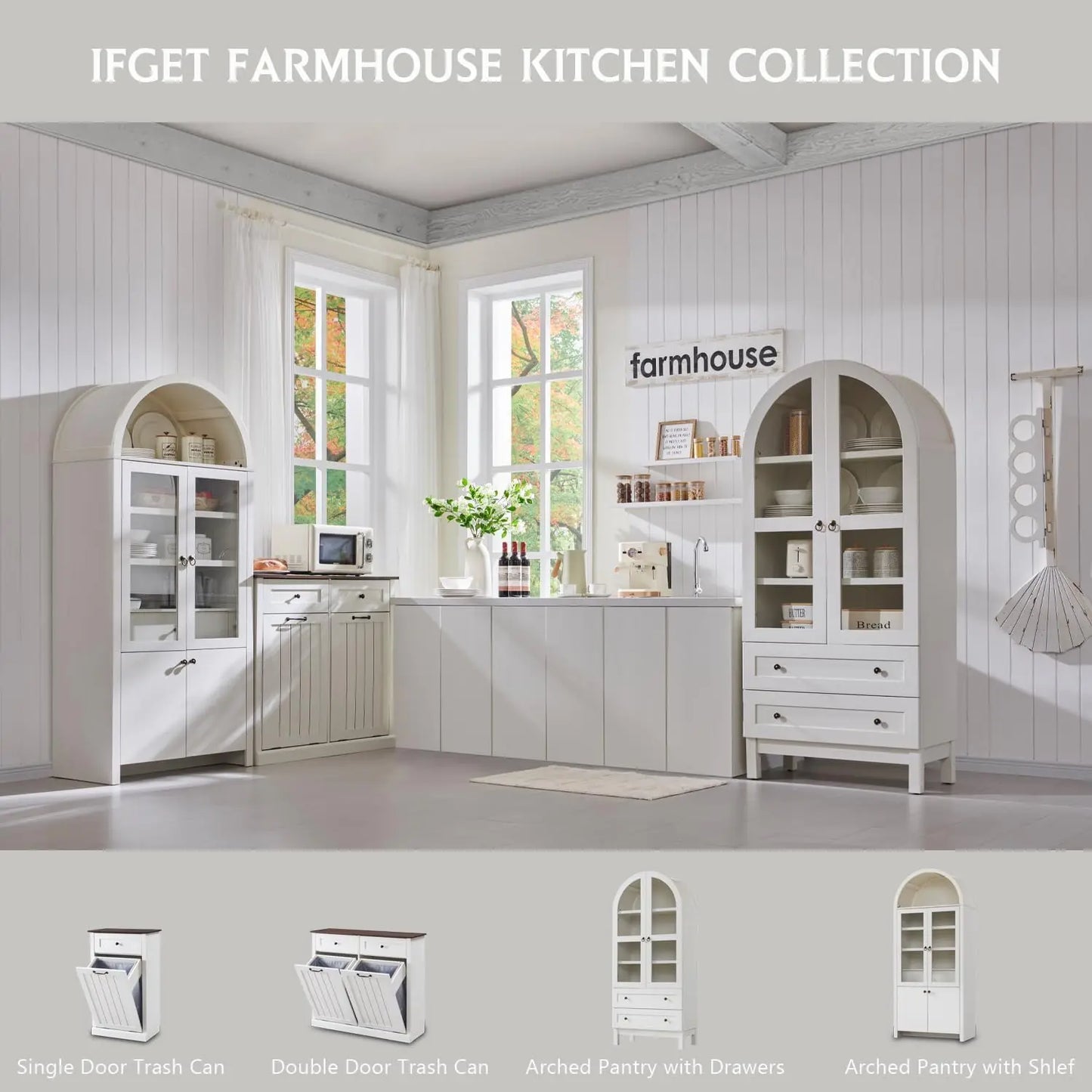 Arched Kitchen Pantry Cabinet and Adjustable Shelves, Modern Farmhouse