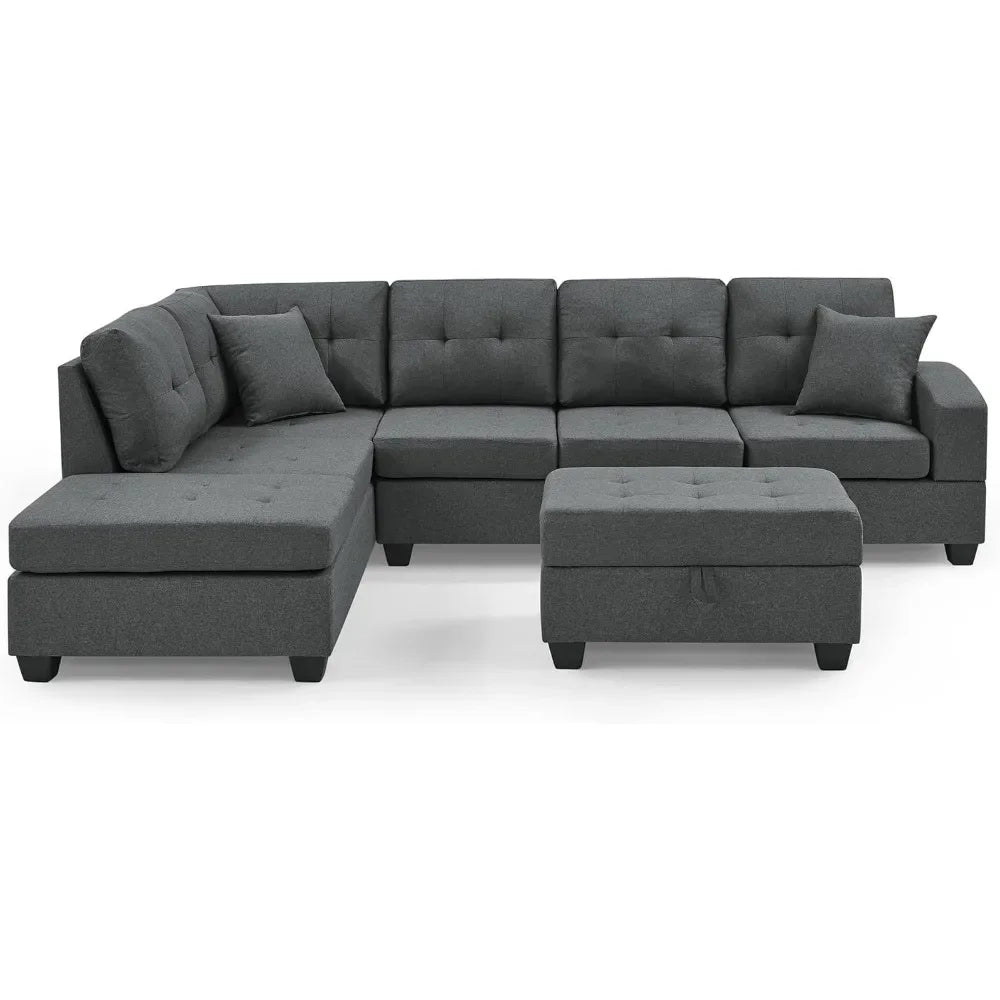 Living Room Sofa Set , L Shape Modular Storage Ottoman & Chaise, Comfy with Corner Sofa Cup Holder