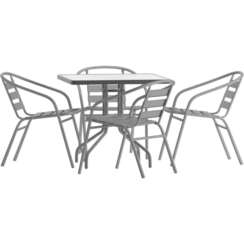 5-Piece Patio Dining Set with Square Glass Metal Table and Stackable Slat Back Chairs