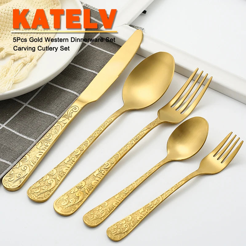 5Pcs Full Tableware Luxury Dinner Sets Gold