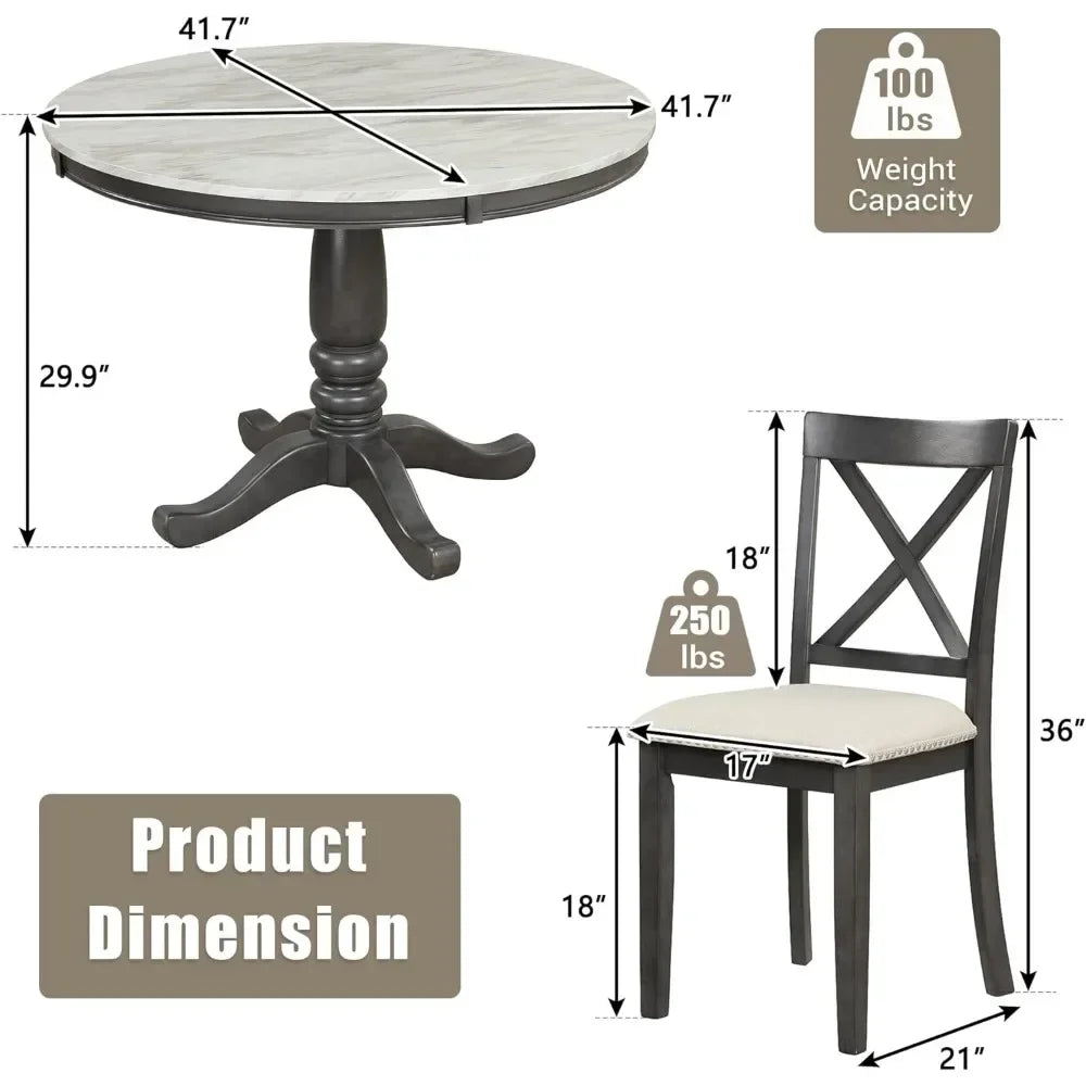 5-piece set of circular dining table and cushioned chair set, wooden dining table set,