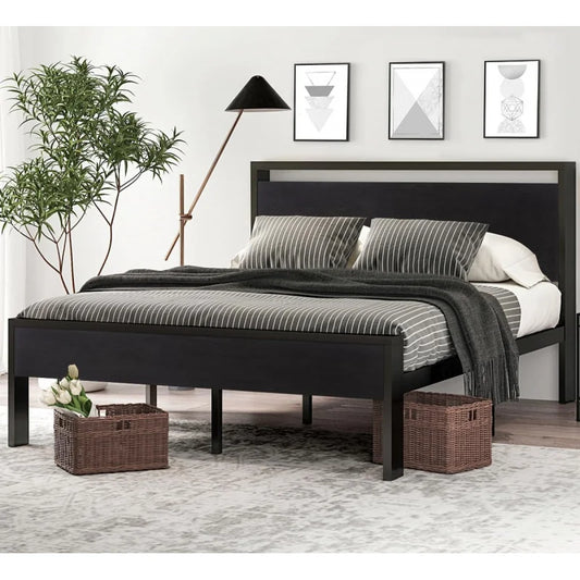 14 Inch Queen Size Metal Platform Bed Frame With Wooden Headboard And Footboard