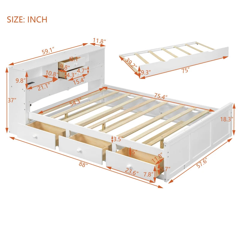 Full Size Wood Pltaform Bed 3 Drawers, Upper Shelves and a set of USB Ports & Sockets, White/brown/gray