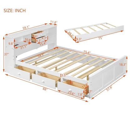 Full Size Wood Pltaform Bed 3 Drawers, Upper Shelves and a set of USB Ports & Sockets, White/brown/gray