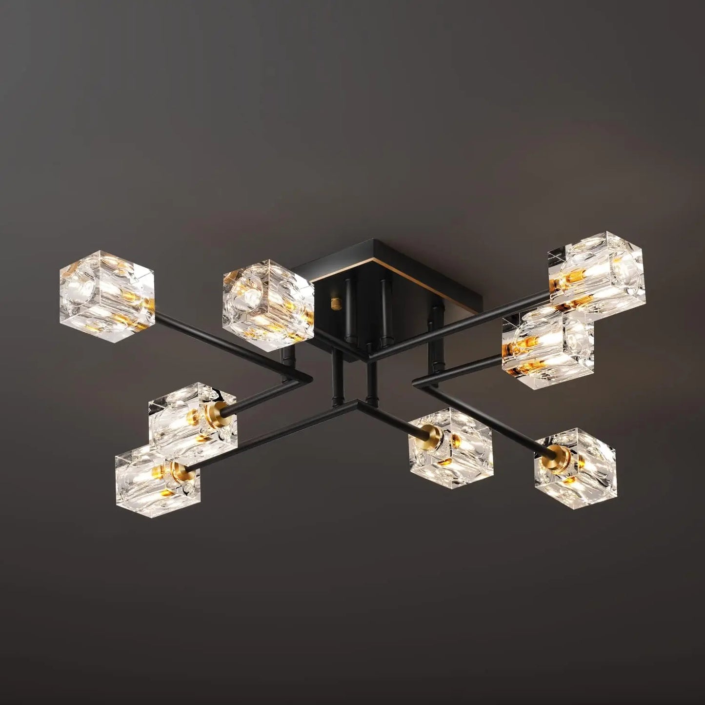 8-Lights Semi Flush Mount Ceiling Light Fixture, Black and Gold Modern Crystal