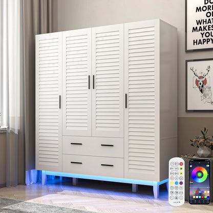 Large Capacity Wardrobe Armoire for Bedroom, 4 Door LED Wardrobe Closet with Drawers, Multi-Tier Shelves & Hanging Rod, White