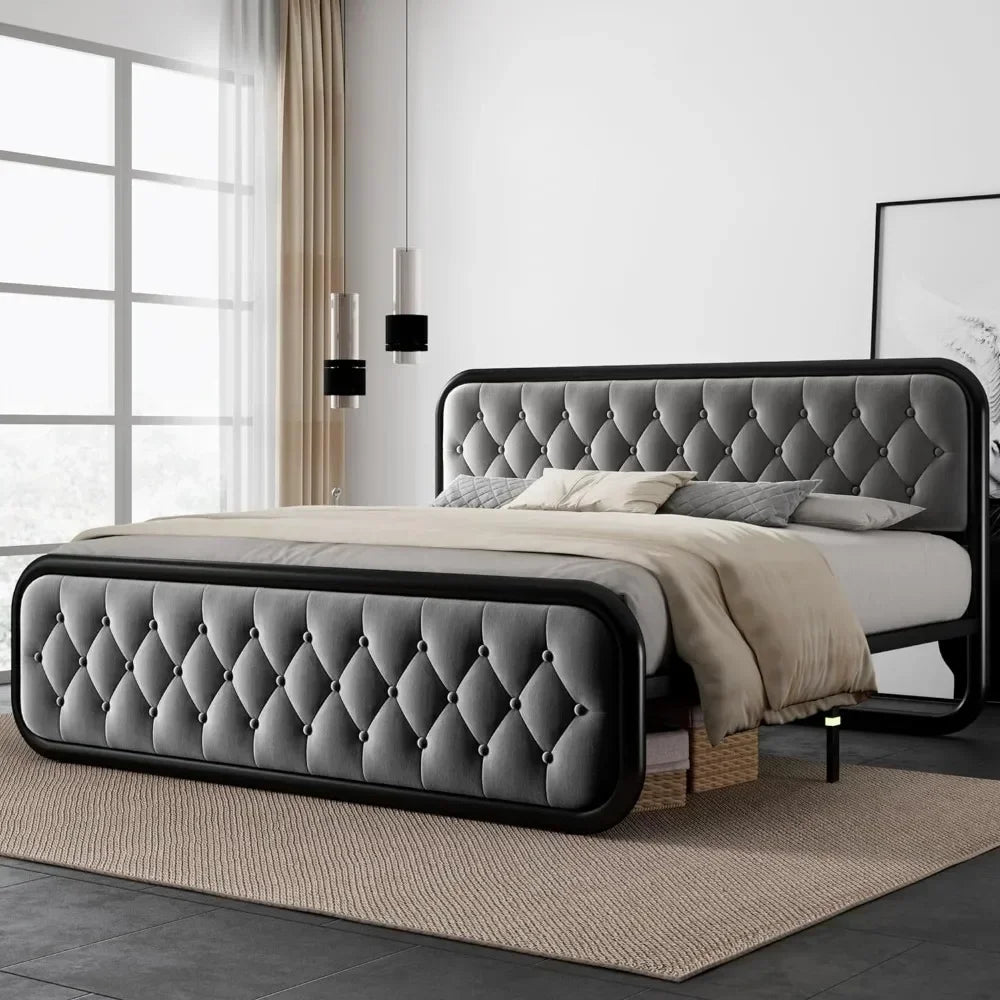 King Size Bed Frame Heavy Duty Bed With Faux Leather Headboard