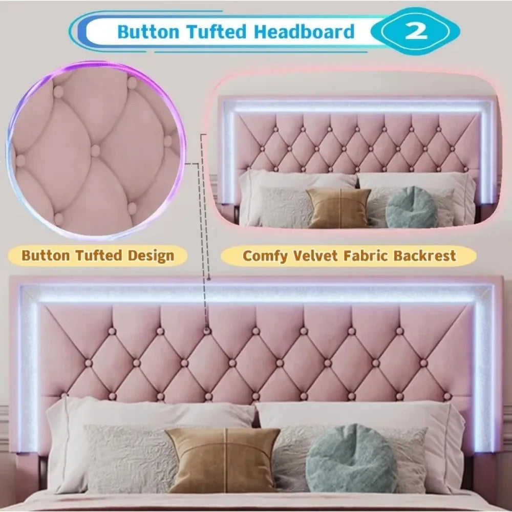 3-Pieces Bedroom Sets Queen Size Upholstered  with LED Lights and Two Nightstands