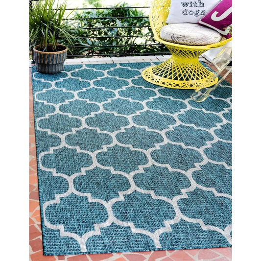 Outdoor Trellis Collection Area Rug (6' 1" x 9' Rectangle, Teal/ Gray)