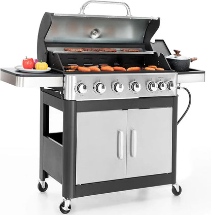 6-Burner Propane Gas BBQ Grill with Side Burner & Porcelain-Enameled Cast Iron Grates