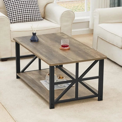 Farmhouse Style Center Coffee Table with Storage Shelf 39 Inch Space Saving