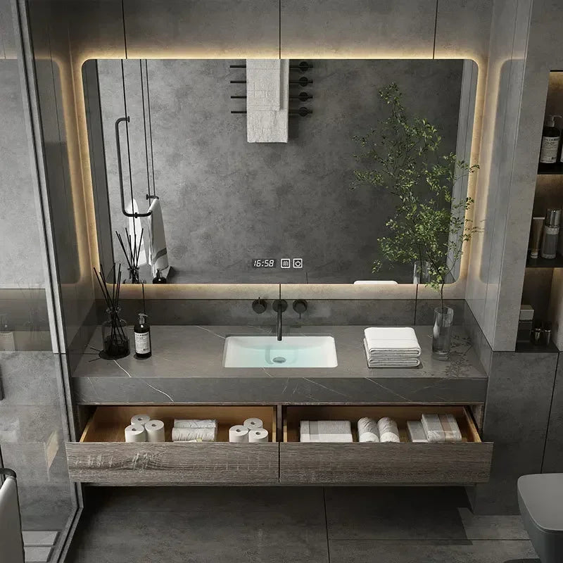 Minimalist Bathroom Cabinet Integrated Rock Plate Ceramic Washbasin