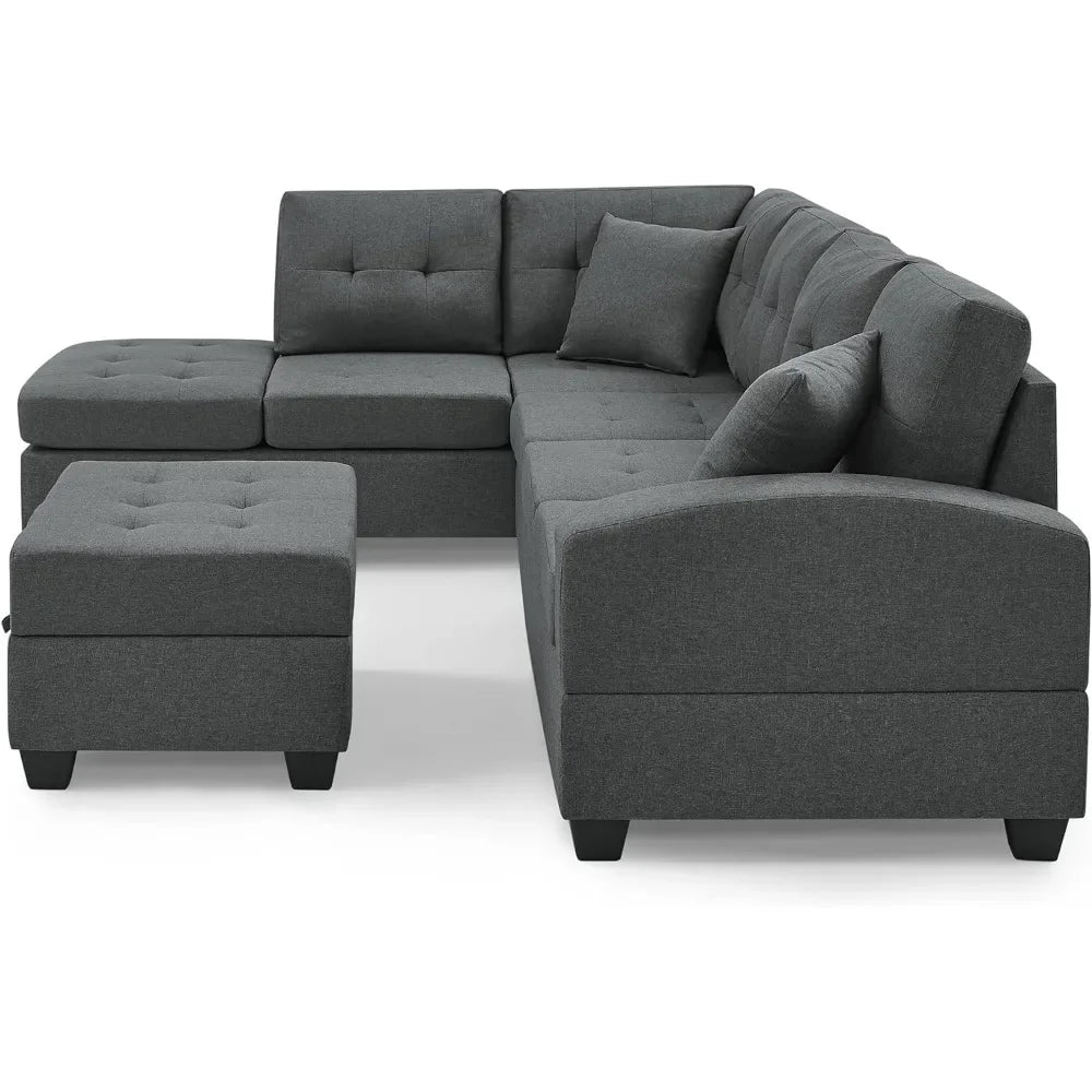 Living Room Sofa Set , L Shape Modular Storage Ottoman & Chaise, Comfy with Corner Sofa Cup Holder