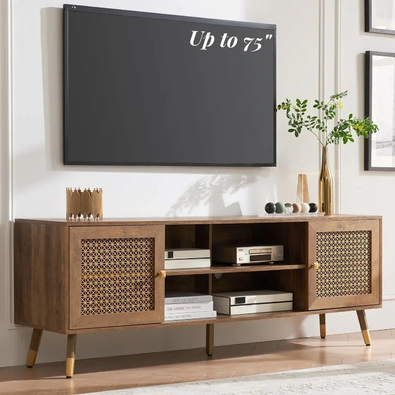 Wood Mid Century TV Stand for 75 inch TV,Rustic Oak Modern Entertainment Center